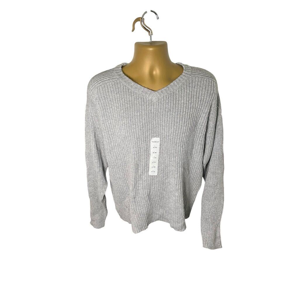 Vtg 90s North Crest Rib Knit Sweater V Neck Gray L
